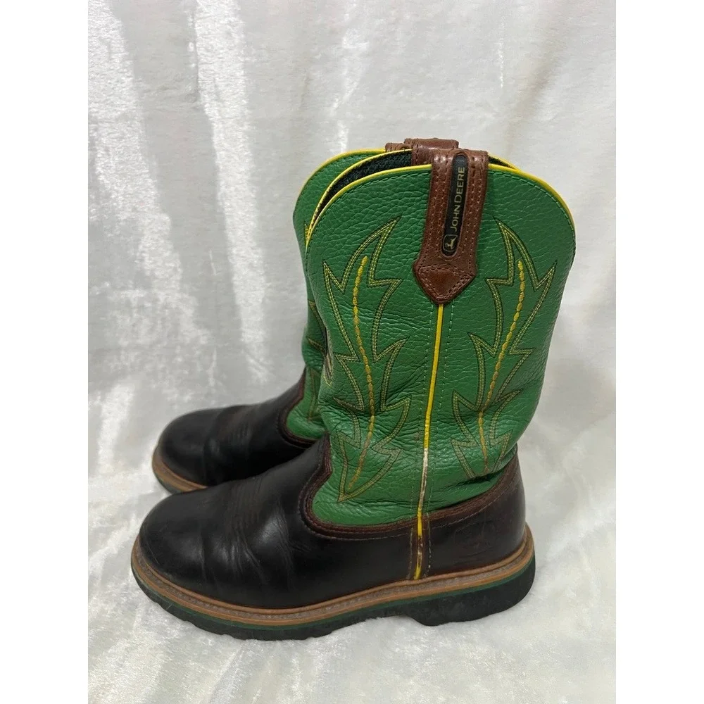 John Deere Western Boots Childrens 6.5M Brown Green Leather Cowboy Work Farmcore